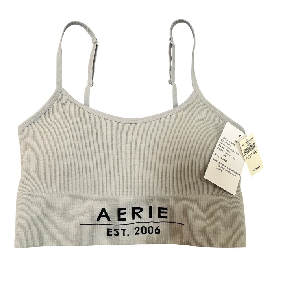 Aerie Bralette Women Size S Gray New Superchill Ribbed Seamless Logo Crop Top